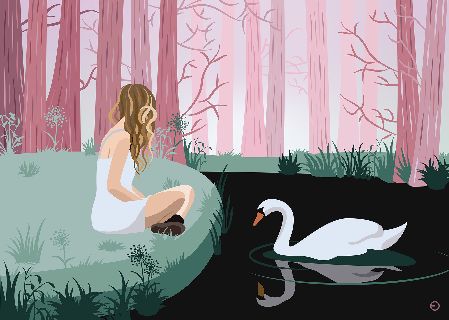 Illustration d'un paysage sauvage avec une femme et un cygne