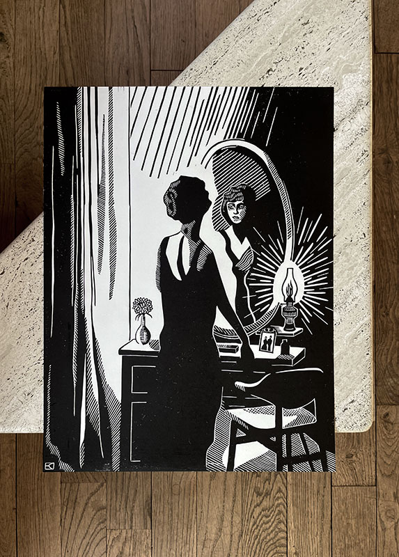 linogravure noire sur papier blanc - avant le bal - femme se regardant dans un miroir -