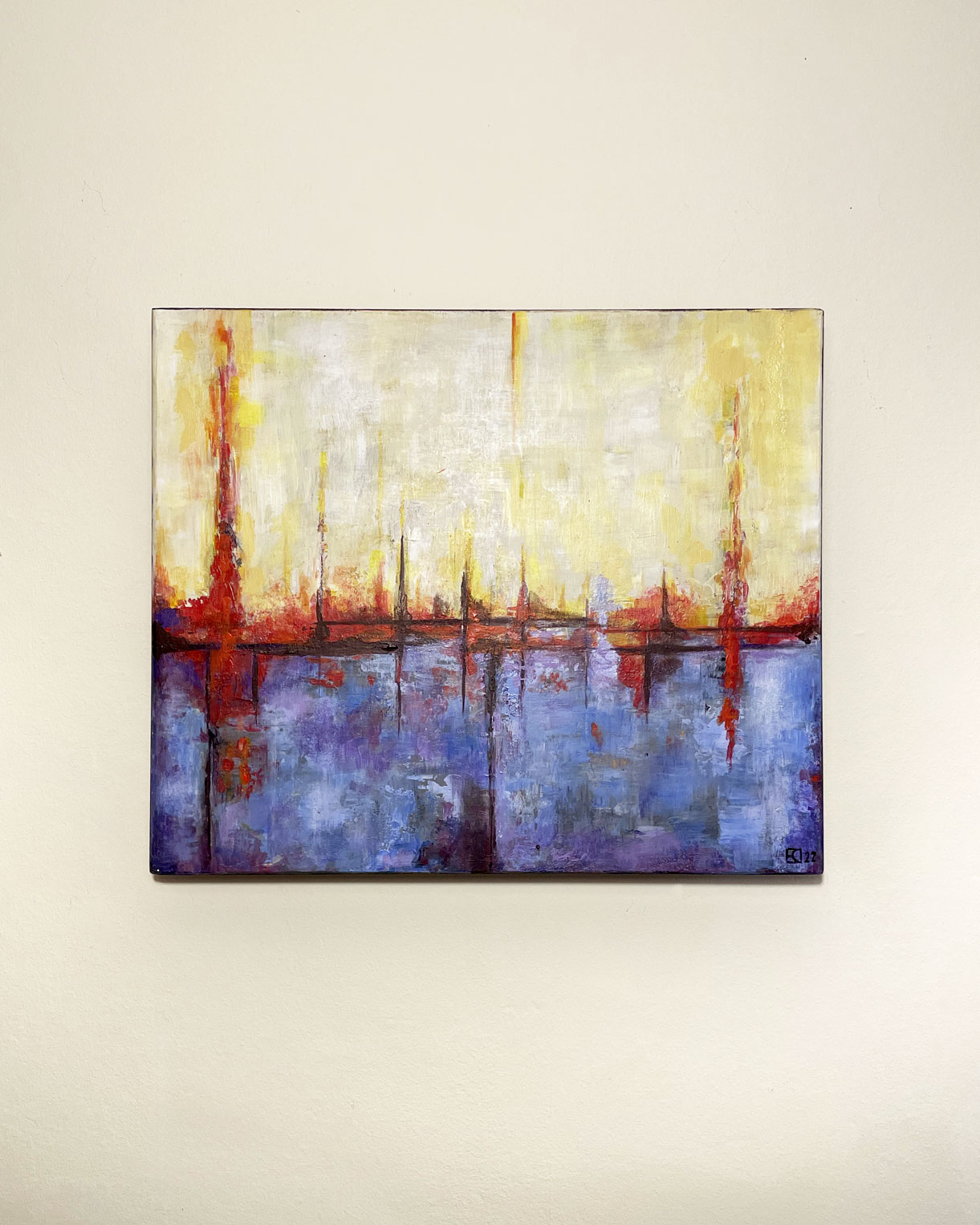 le conflit - peinture sur bois - lignes perpendiculaires et couleurs primaires