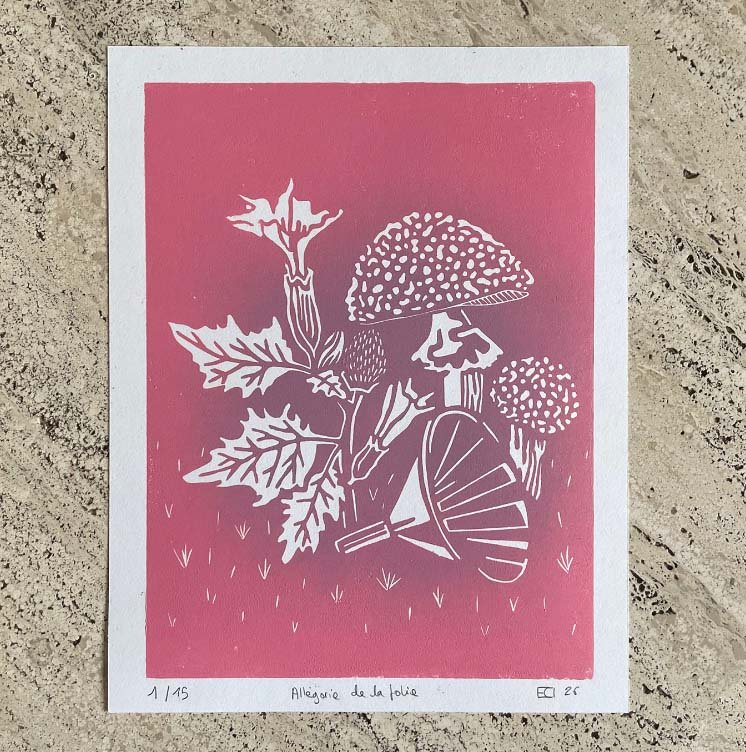 Allegorie de la folie - projet fungi - daturia stramonia amanitue tue-mouche et entonnoir