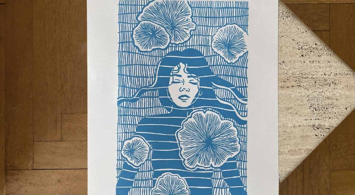 linogravue sur papier - nouveau départ projet fungi - noyade