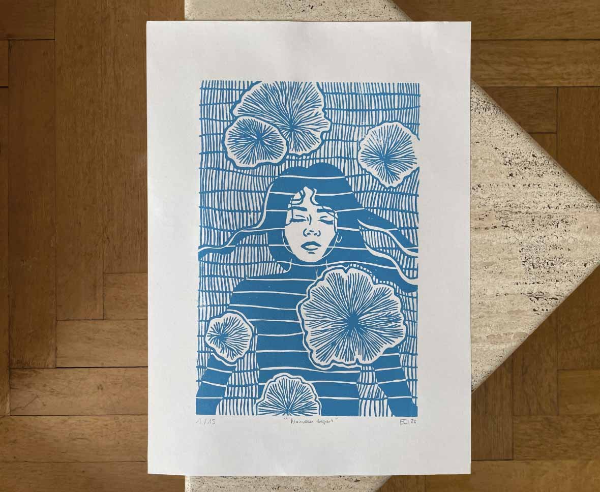 linogravue sur papier - nouveau départ projet fungi - noyade