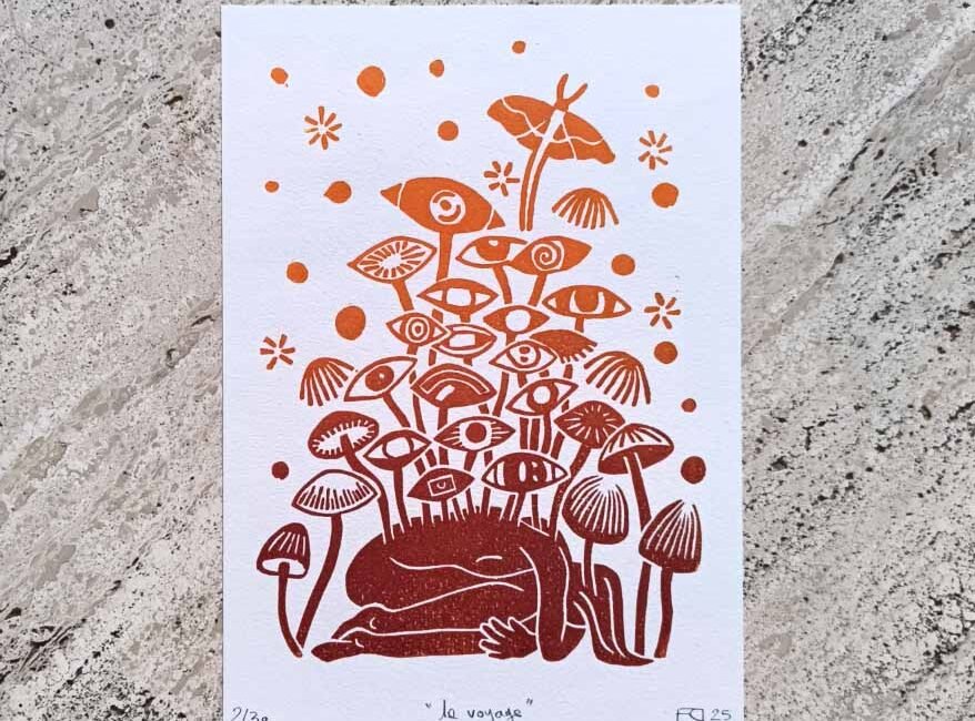 linogravue sur papier - voyage projet fungi - psilocybe