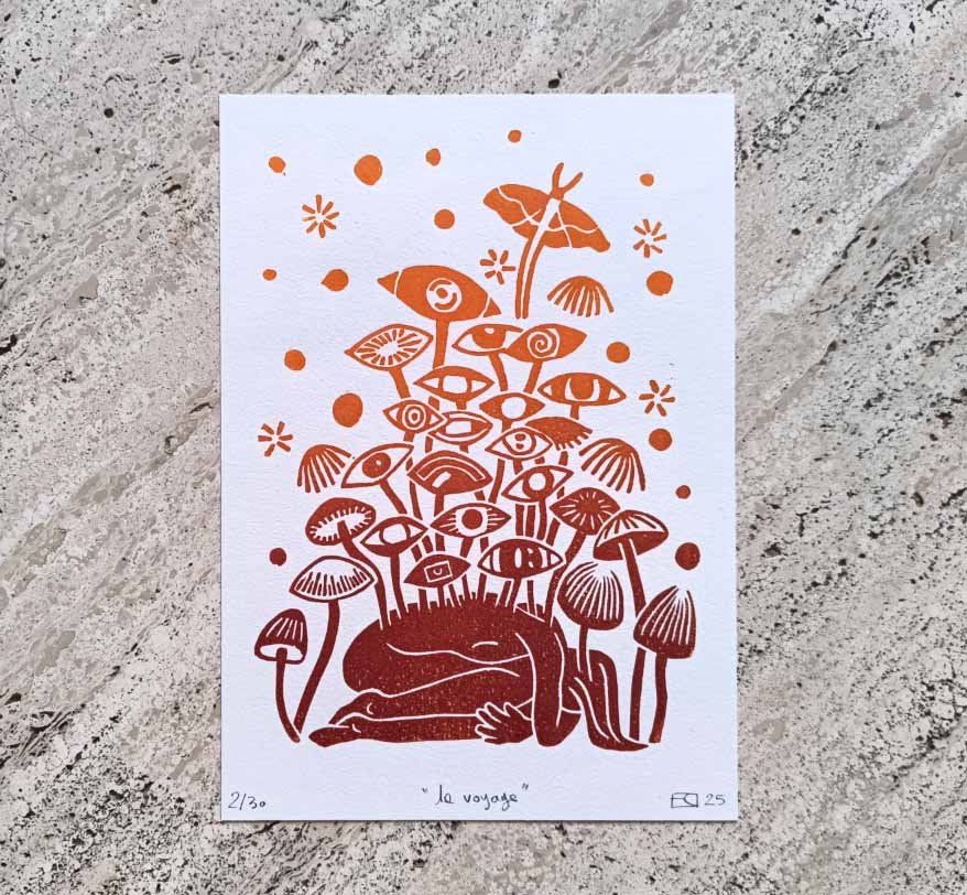 linogravue sur papier - voyage projet fungi - psilocybe