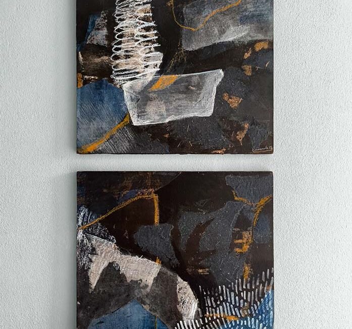 miniature - thumbnail - peinture sur bois expressionnisme abstrait - acrylique gouache pastel gras et collage