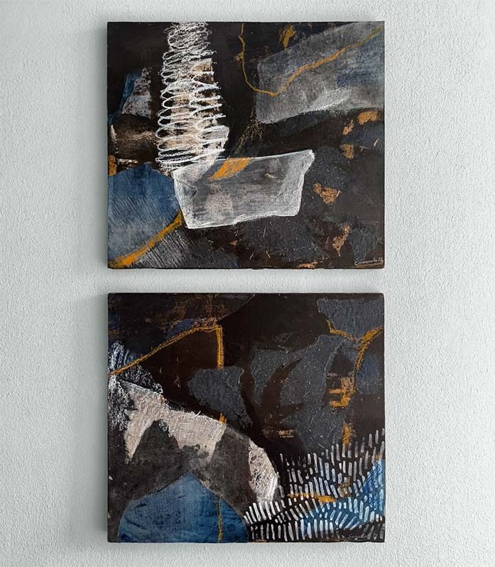 miniature - thumbnail - peinture sur bois expressionnisme abstrait - acrylique gouache pastel gras et collage