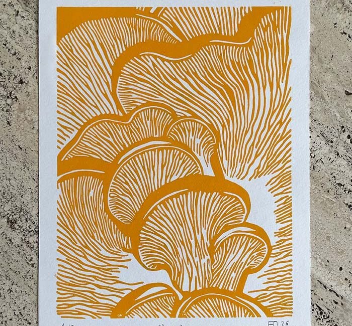 Miniature - Linogravure sur papier format A5 - pleurotes - projet fungi